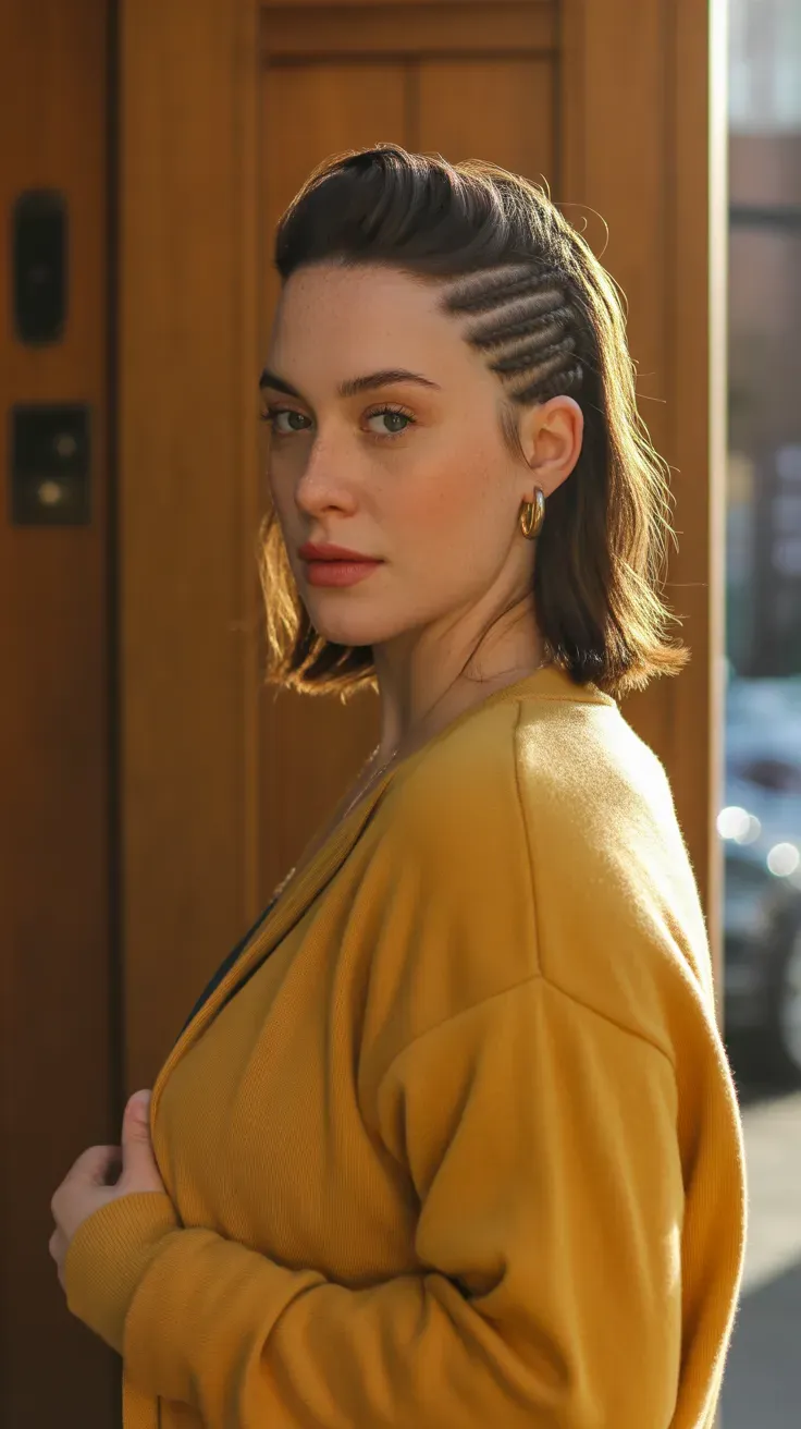 Woman with medium-length hair styled with a dramatic deep side part