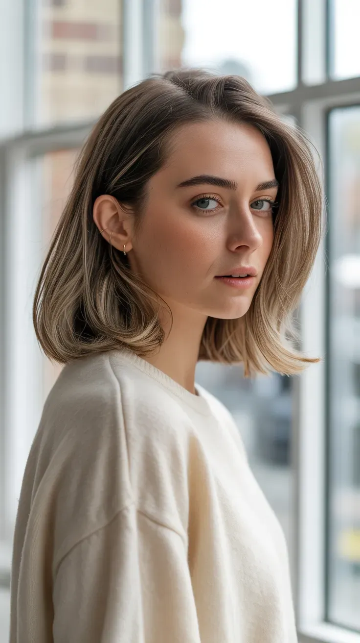 Woman with medium-length hair featuring soft face-framing layers