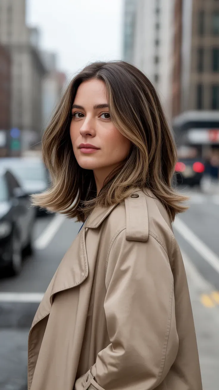 Woman with medium-length hair featuring soft feathered layers throughout