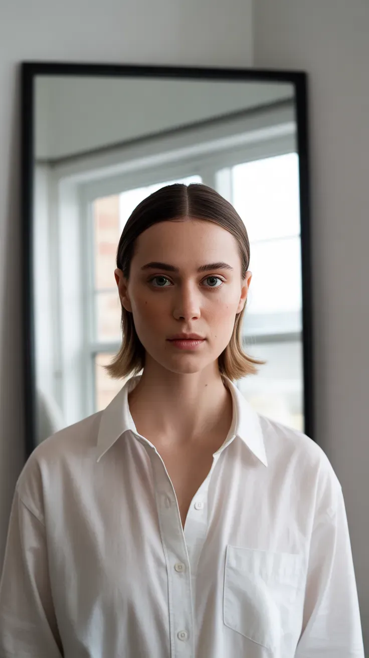 Woman with medium-length hair styled with a smooth glossy finish