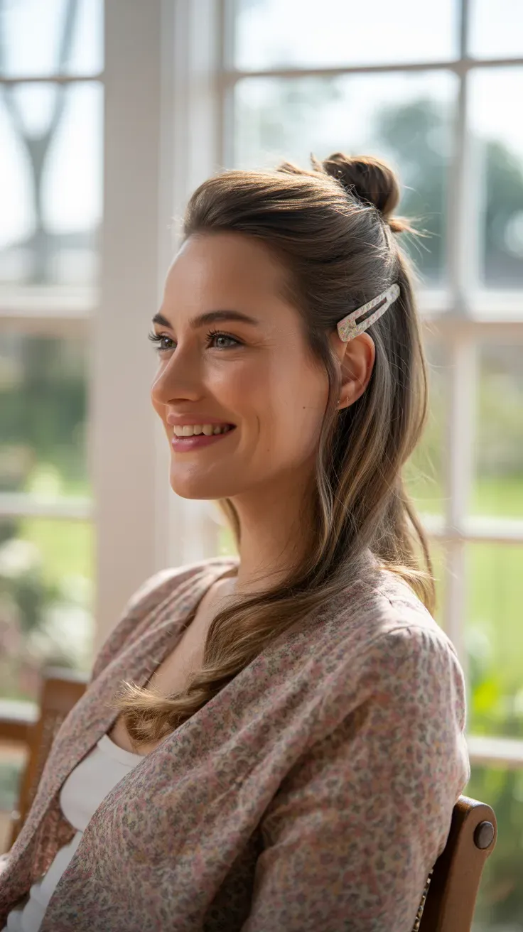 Woman wearing a half-up hairstyle secured with a decorative clip and soft crown volume