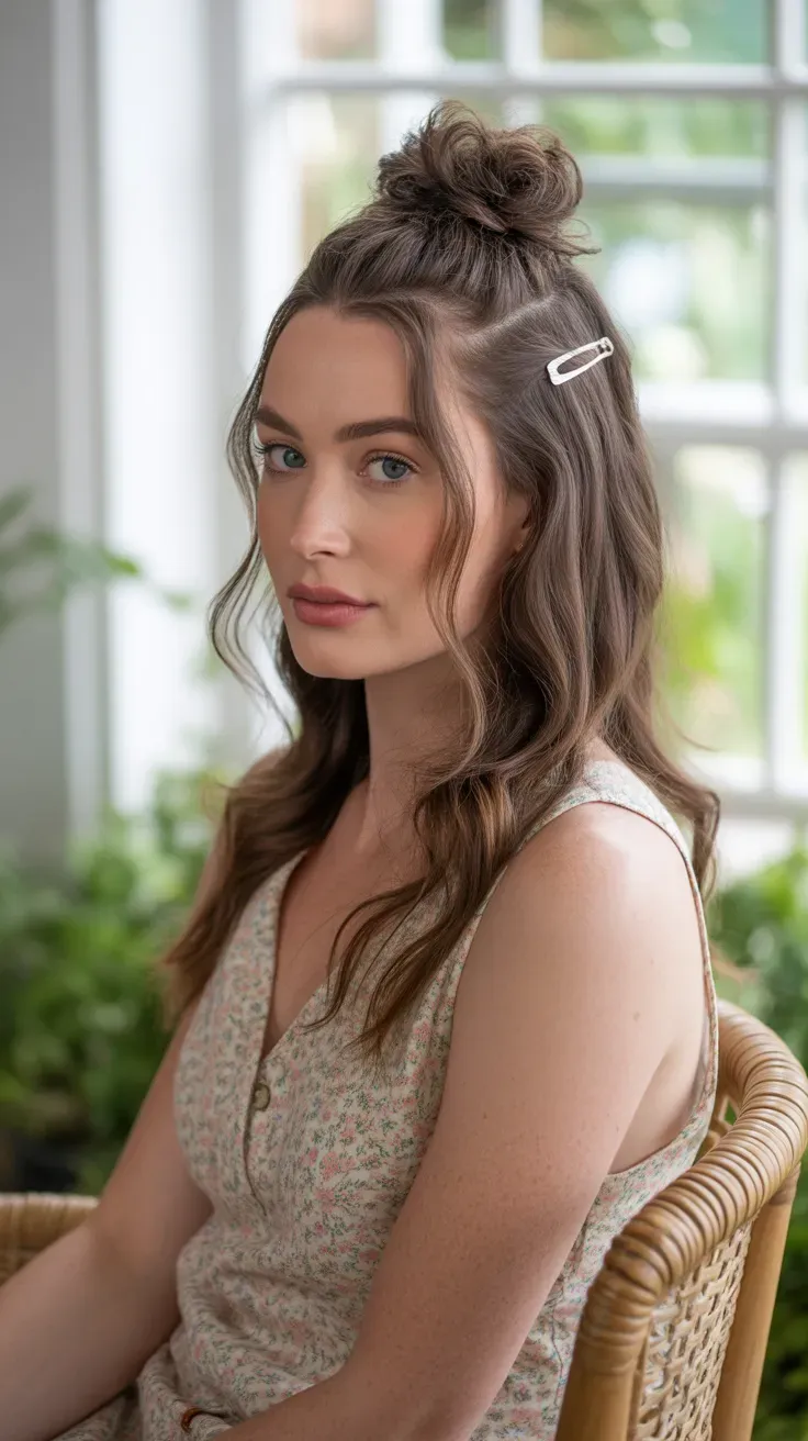 Woman with a half-up twisted hairstyle secured with a small clip