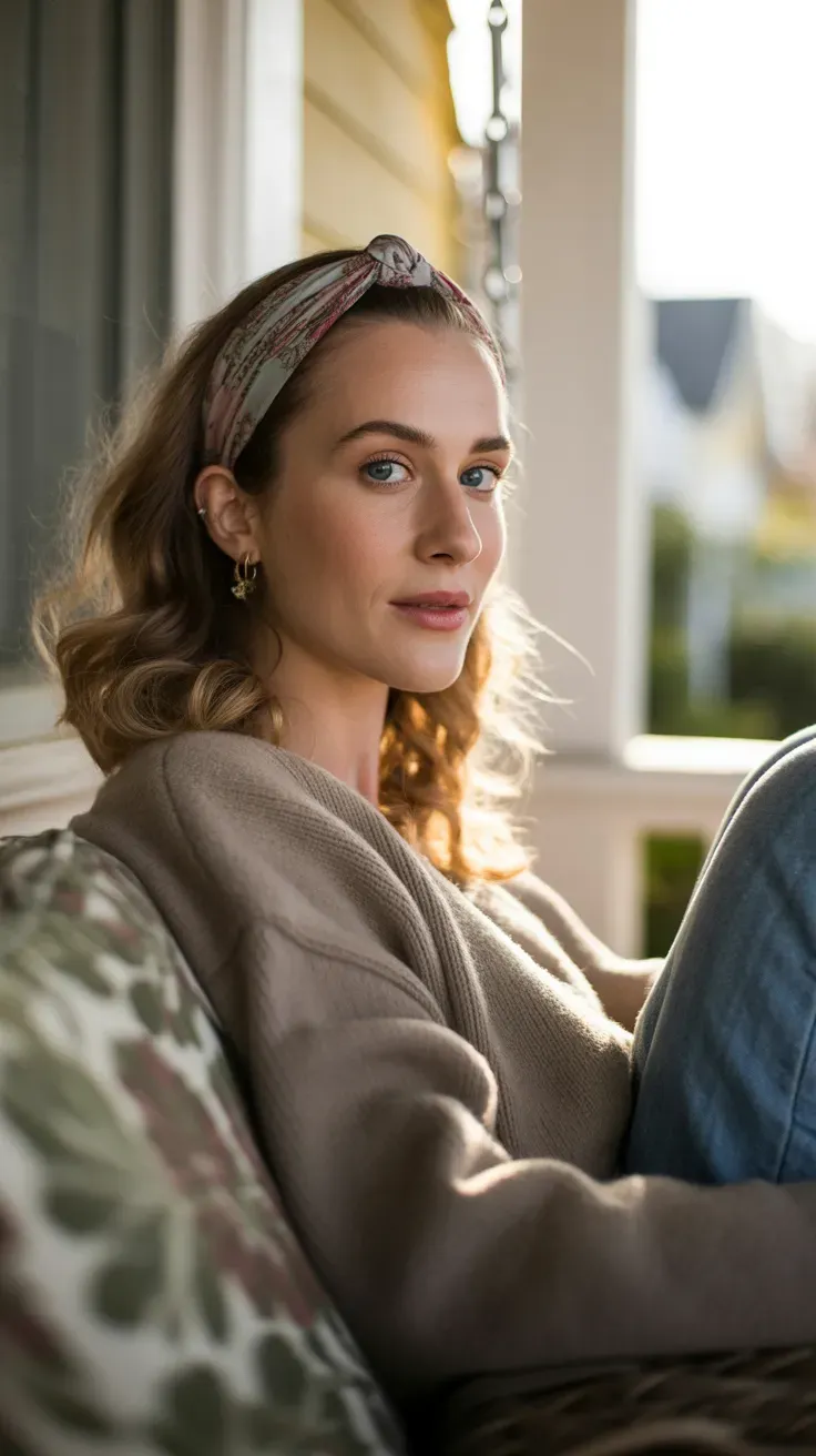 Woman with soft loose waves styled with a fabric headband pushing hair back