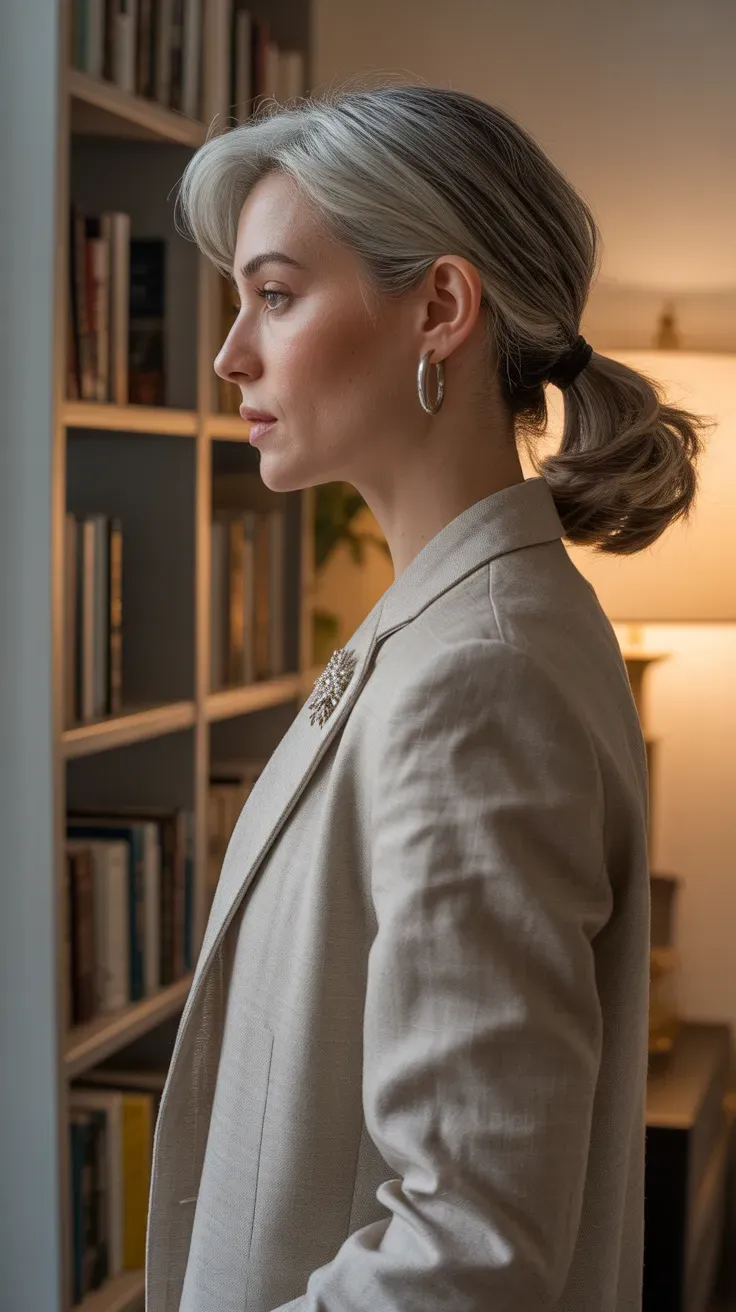 Woman with a low ponytail styled with a soft volumizing twist at the crown