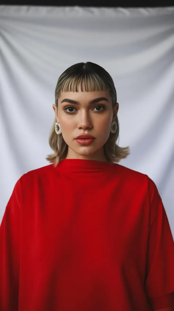 Woman with medium-length hair and short micro bangs above the eyebrows