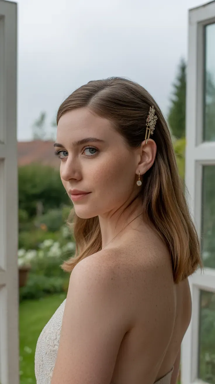 Woman with medium-length hair featuring one side pinned back elegantly