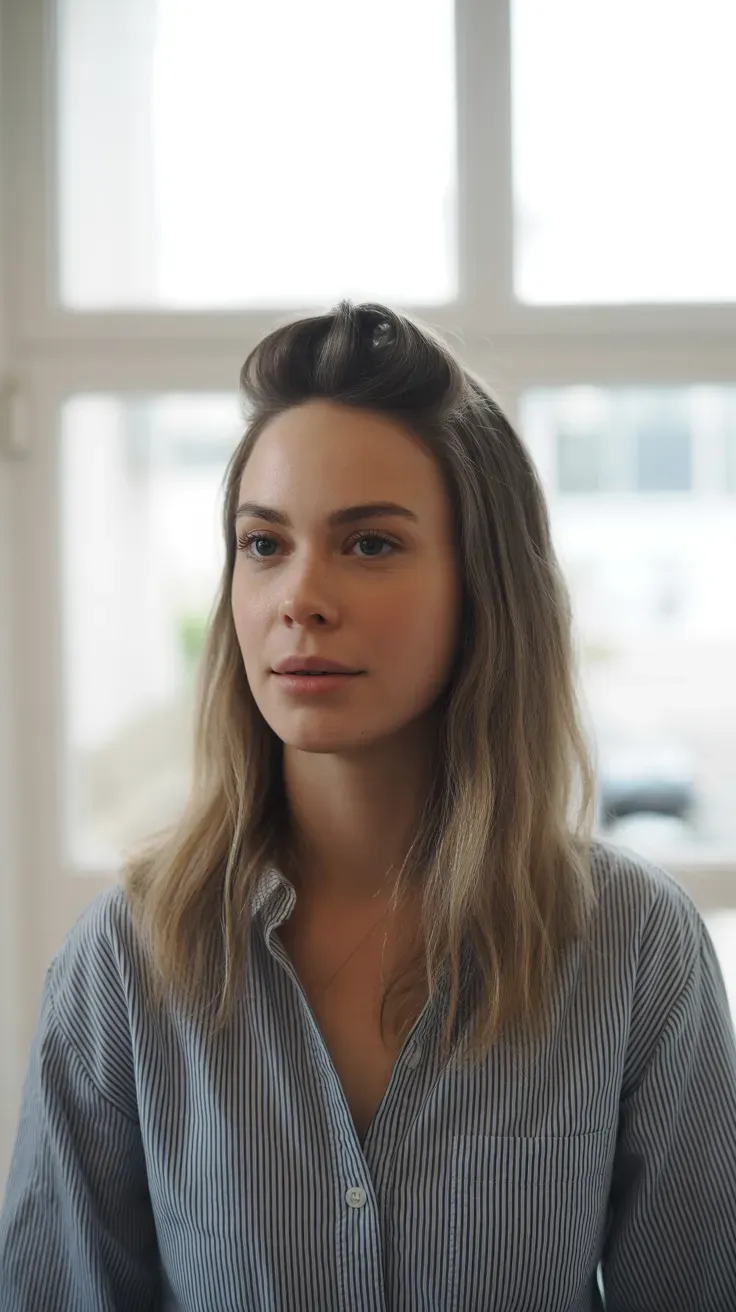 Woman with medium-length hair showing visible lift and volume at the roots
