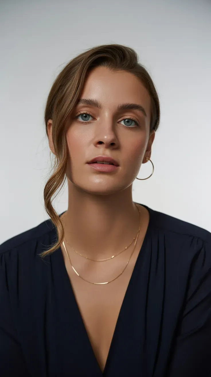 Woman with medium-length hair styled with soft side-swept waves