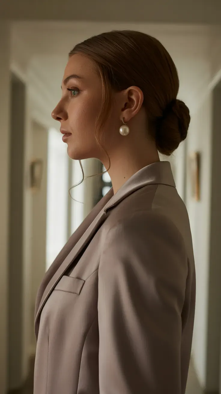 Woman with a soft chignon featuring loose tendrils at the nape