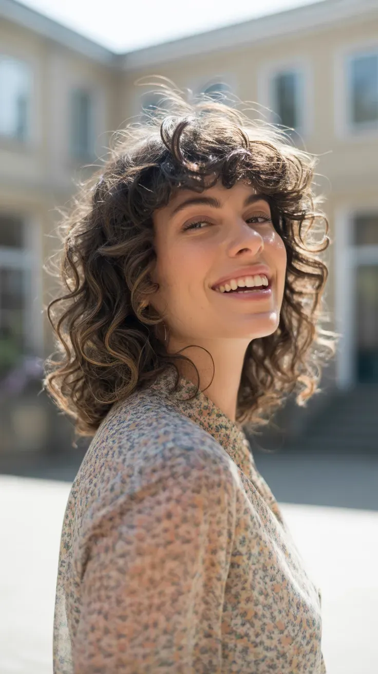 Woman with medium-length hair styled with soft defined curls throughout