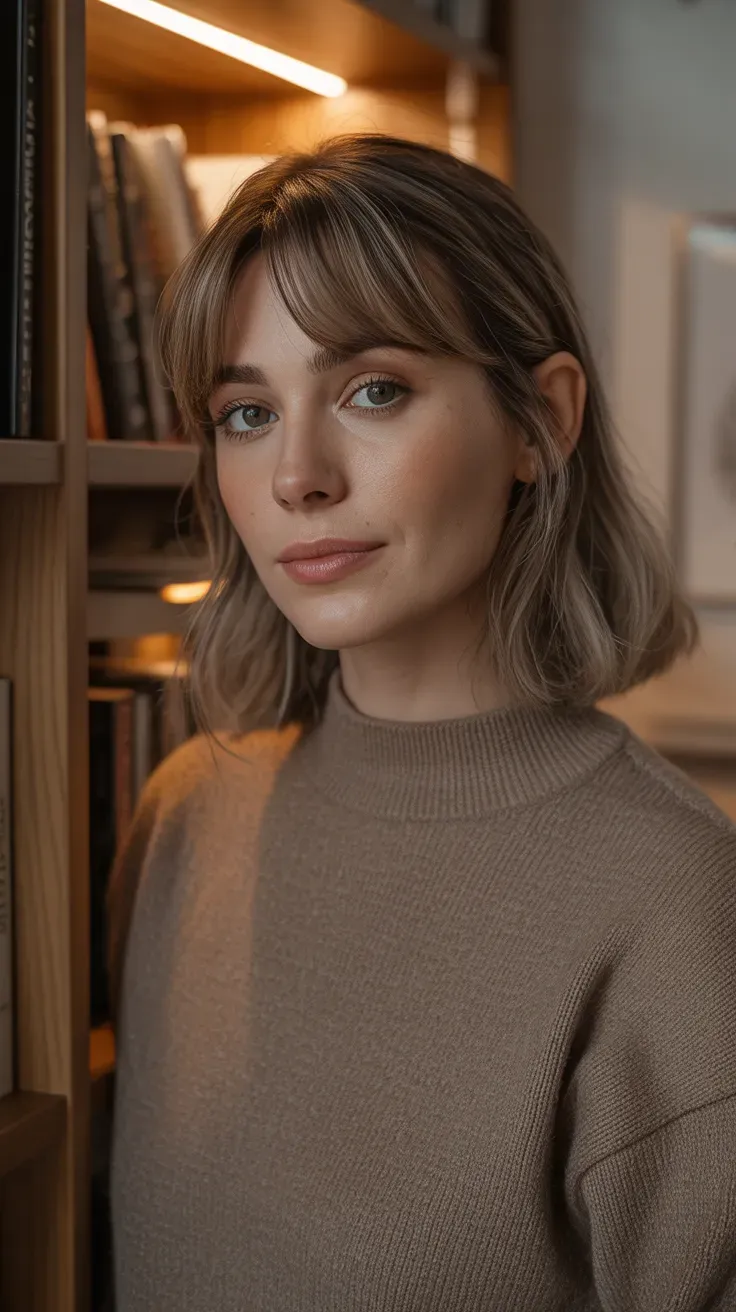 Woman with medium-length hair and soft curtain bangs parted at the center