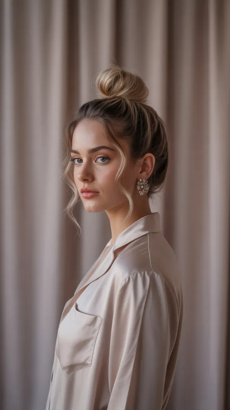 Woman with a soft voluminous top knot styled high on the crown