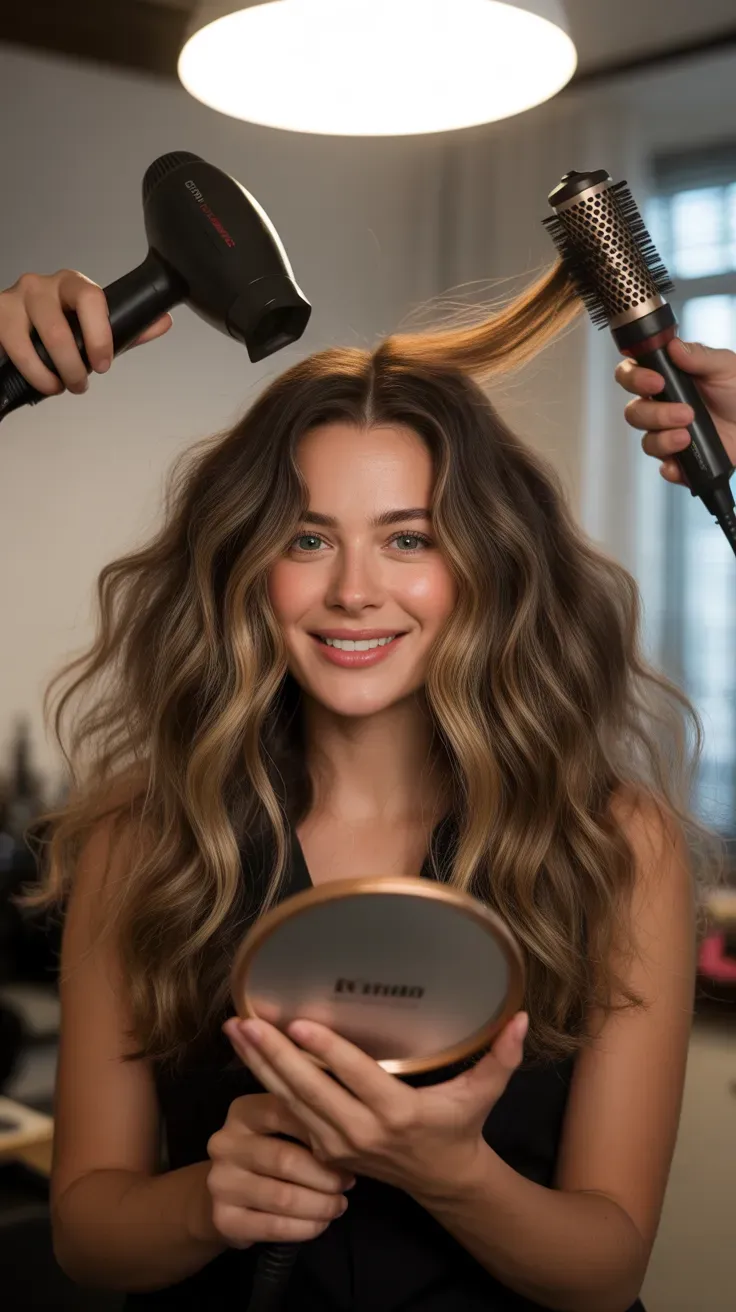 Woman with a full voluminous blowout showing lifted roots and smooth ends