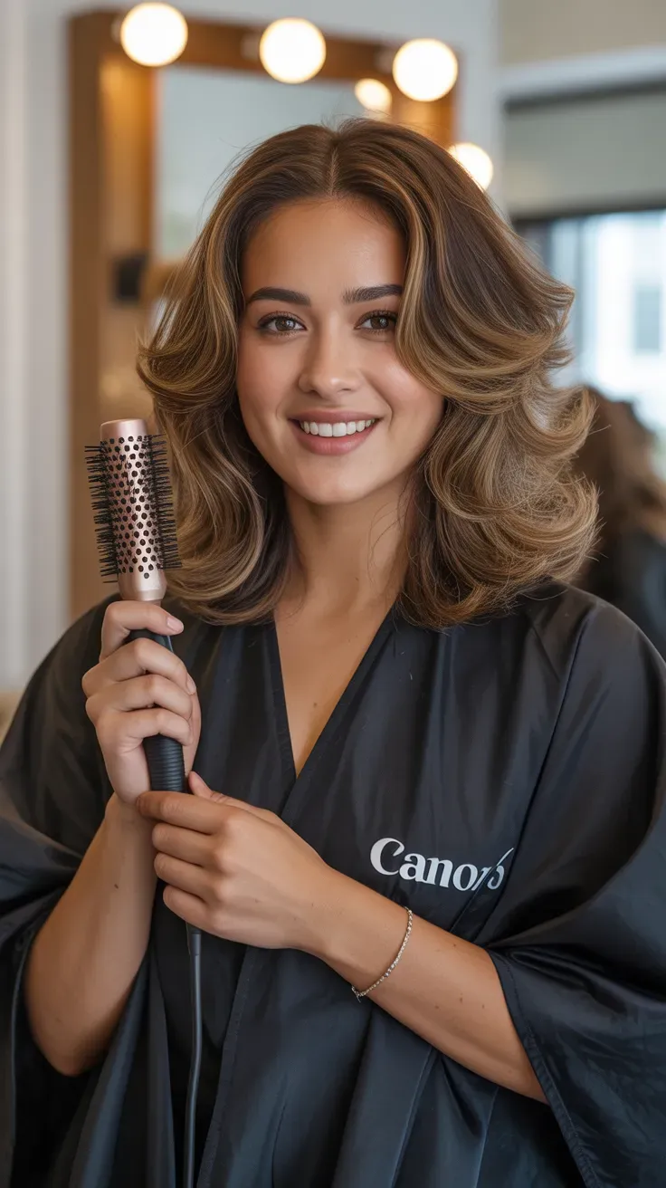 Woman with medium-length hair styled into a full voluminous blowout