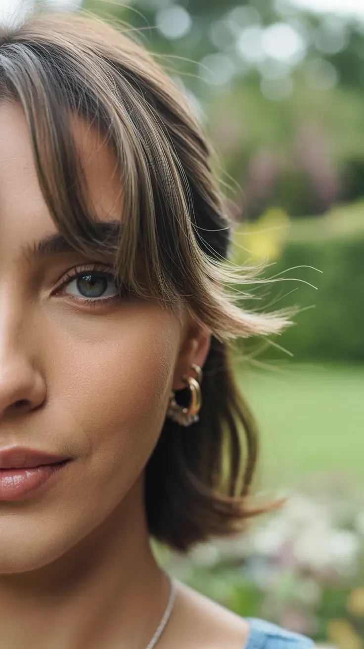 Close-up of woman with medium-length hair and wispy bangs softly framing her forehead