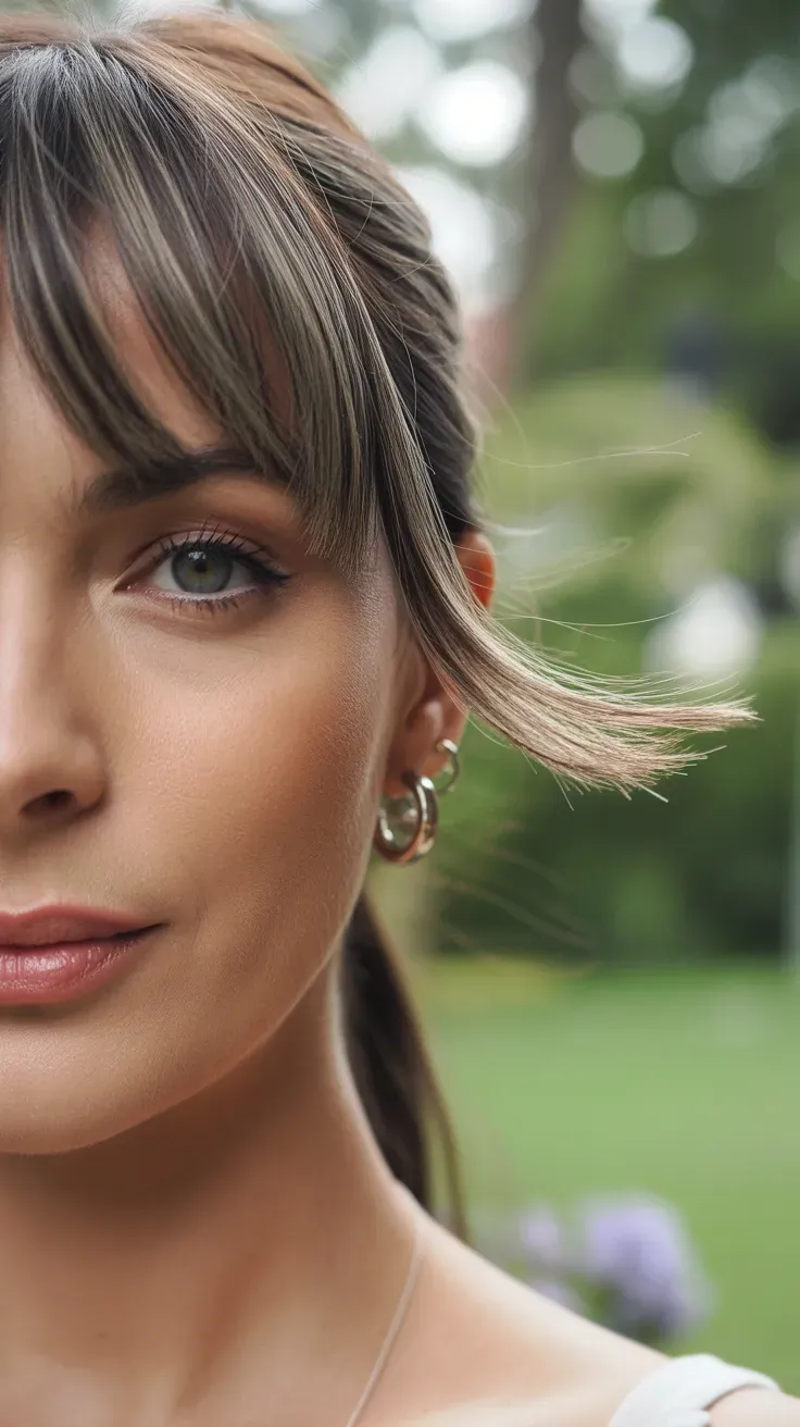 Close-up of woman with medium-length hair and wispy bangs softly framing her forehead
