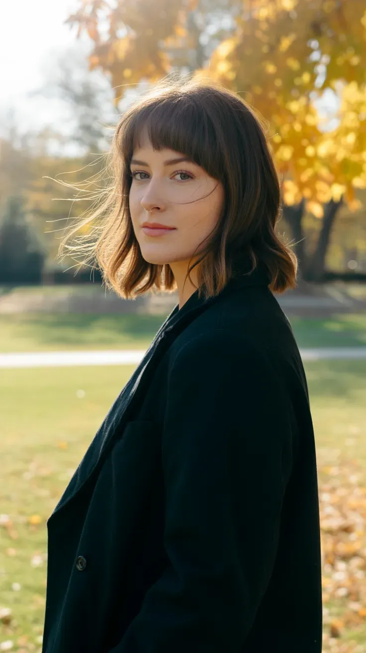 Woman with a medium-length shag haircut and soft curtain bangs