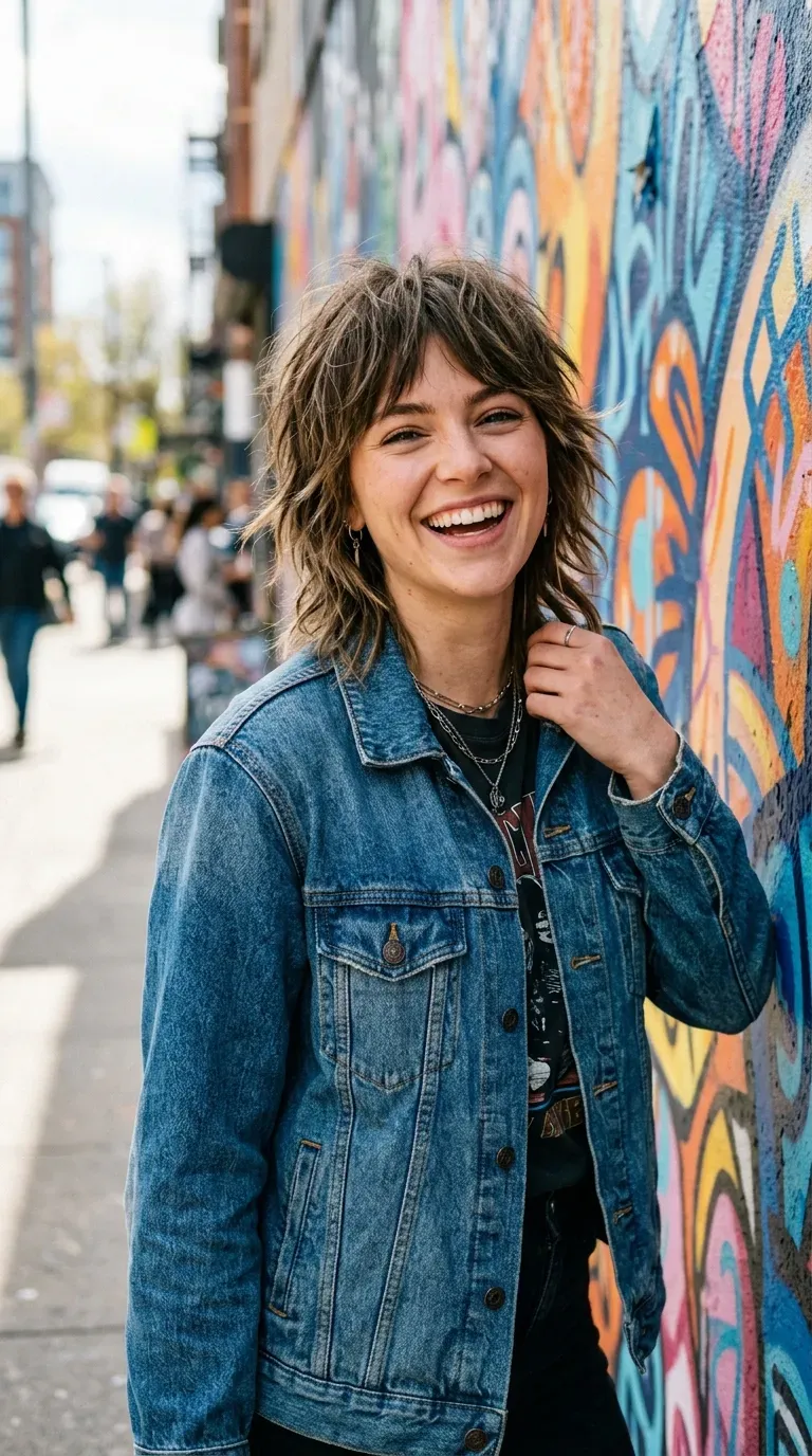 Woman with a medium-length shag haircut featuring choppy layers throughout