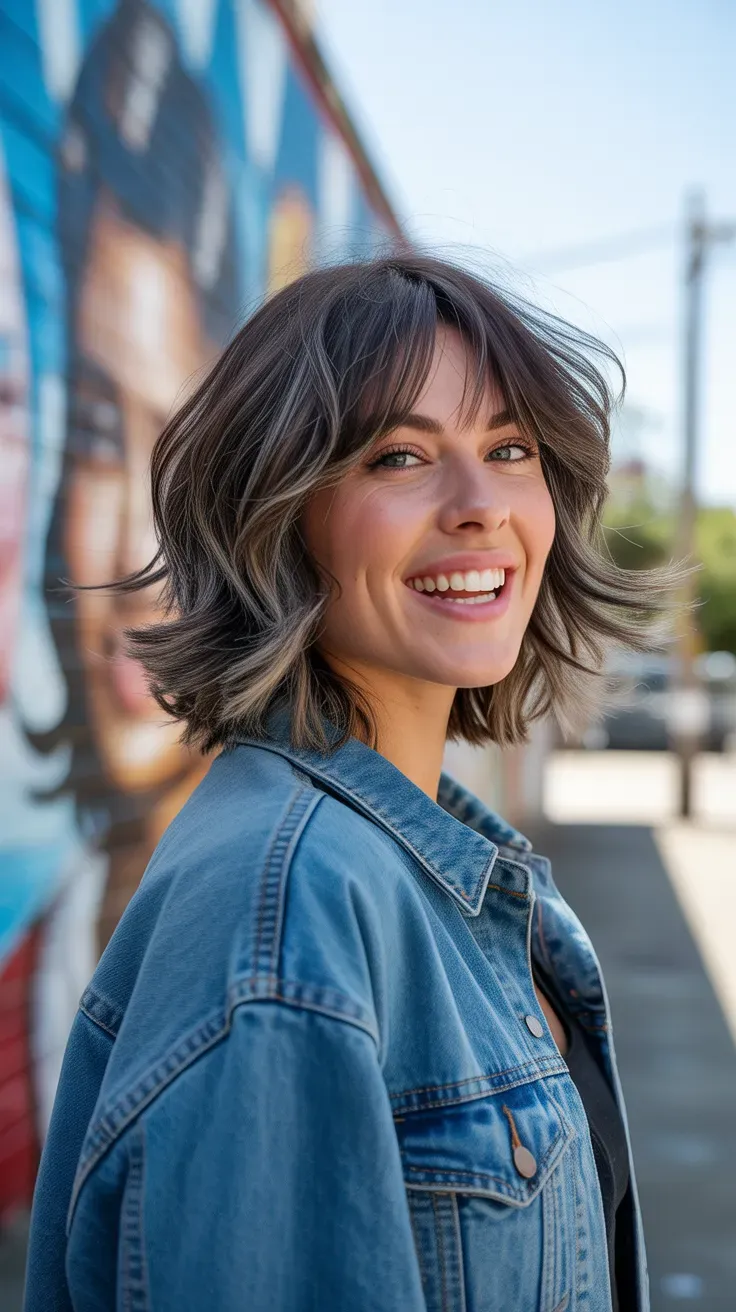 Woman with a medium-length shag haircut featuring choppy layers throughout