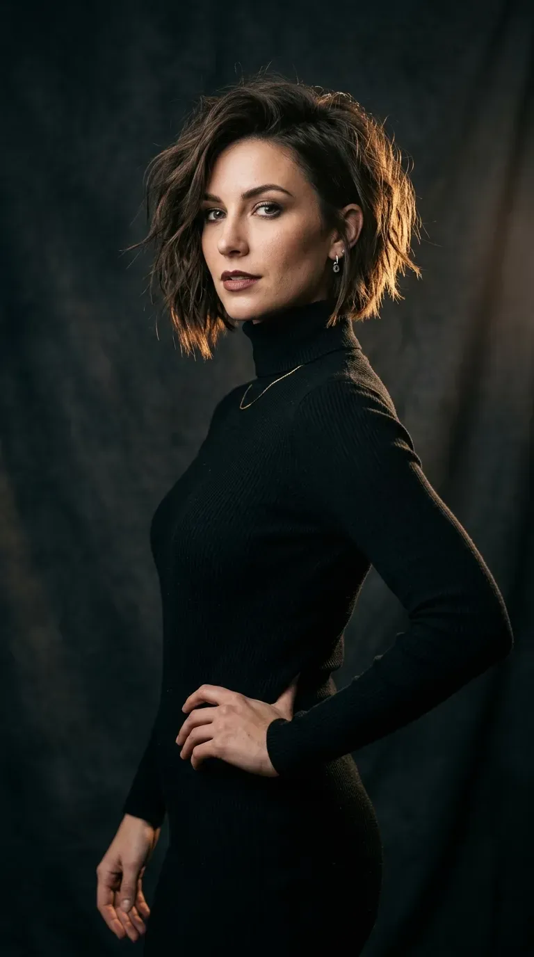 Woman with a messy bob featuring subtly asymmetric length between the two sides