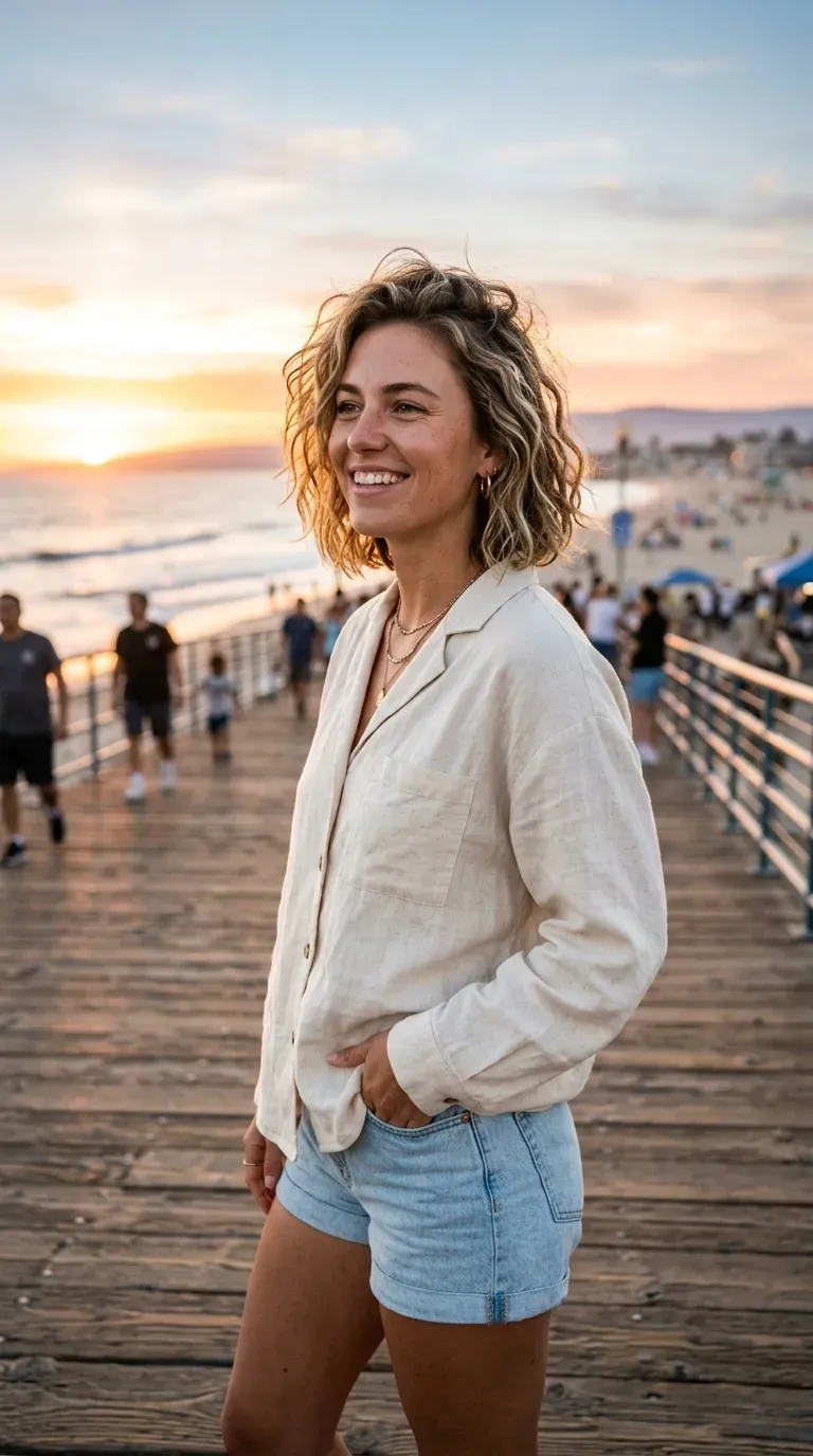 Woman with a messy bob styled with soft beachy waves