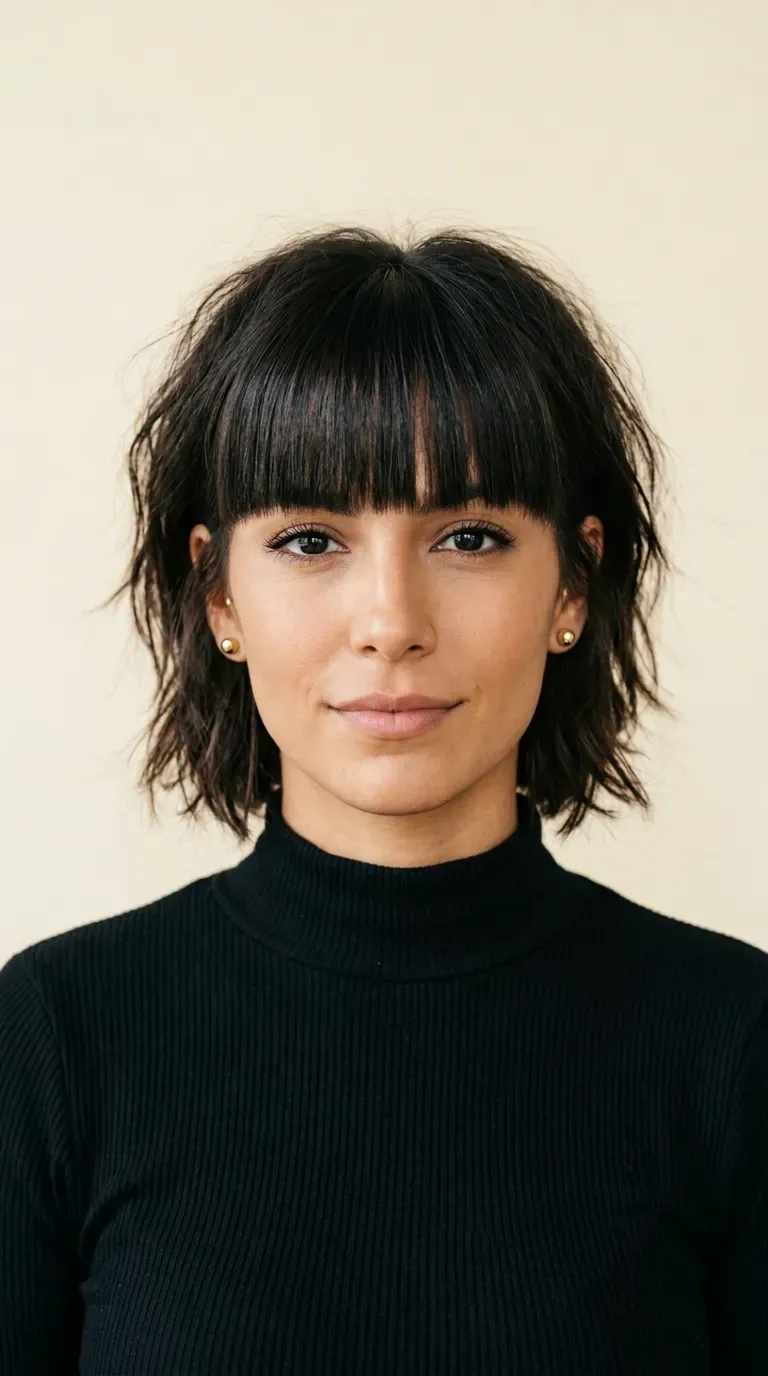 Woman with a messy bob paired with a bold blunt eyebrow-skimming fringe