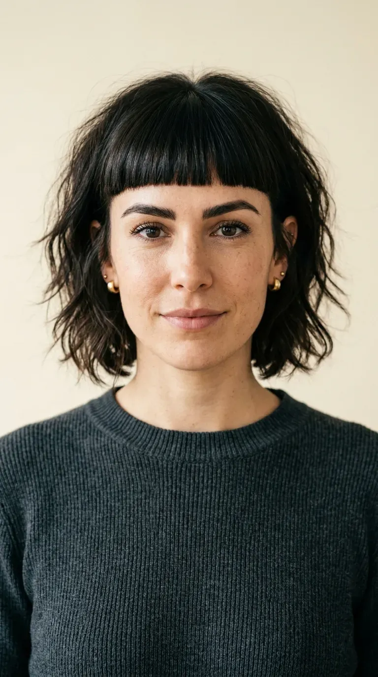 Woman with a messy bob paired with a bold blunt eyebrow-skimming fringe