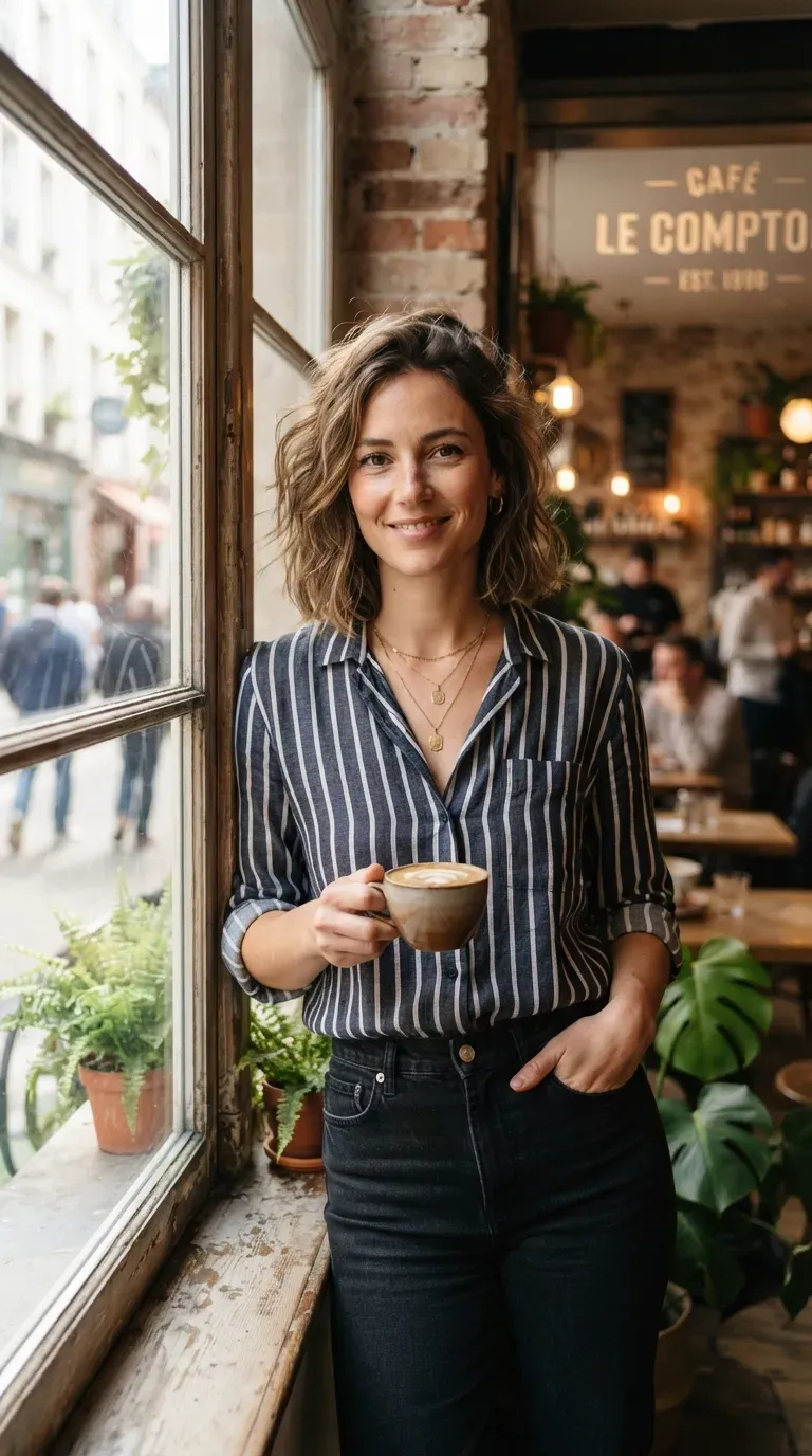 Woman with a messy bob paired with a bold blunt eyebrow-skimming fringe