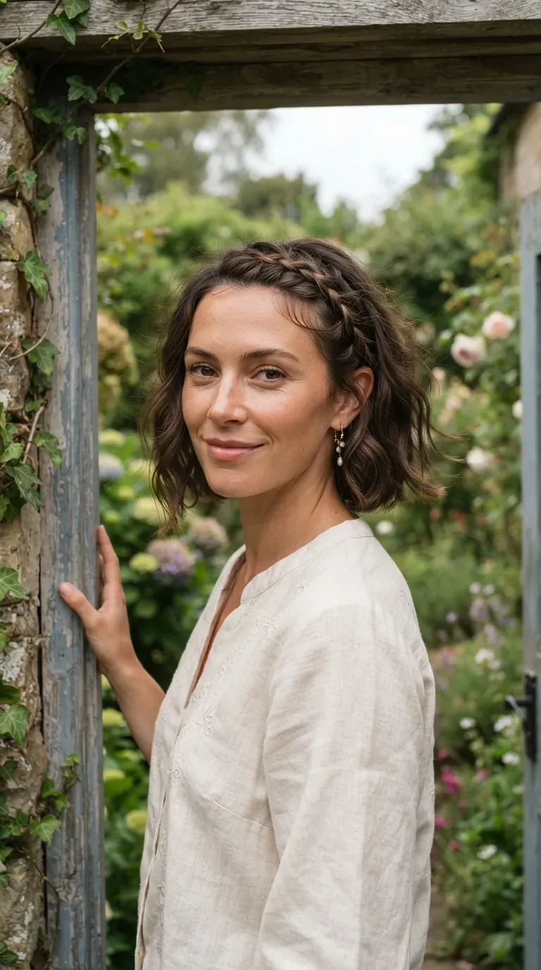 Woman with a messy bob featuring a delicate thin braid woven along the hairline