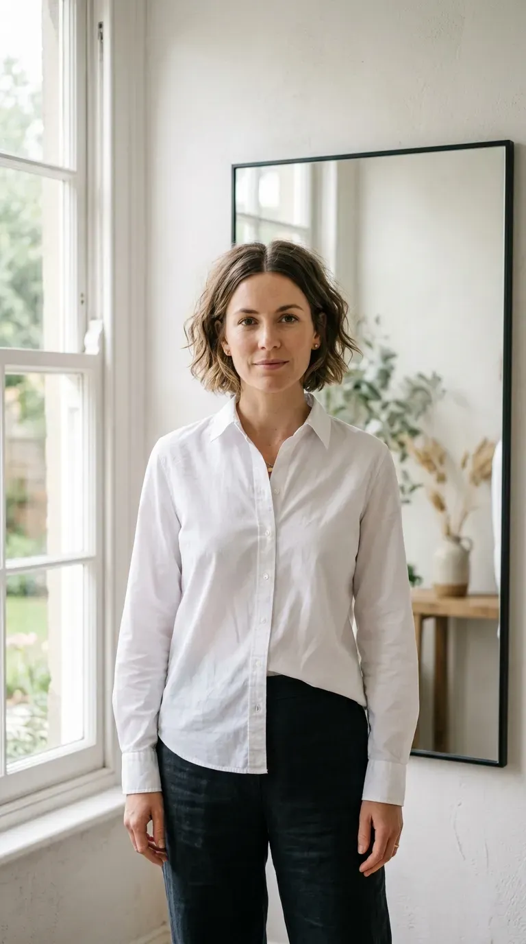 Woman with a messy bob styled with a symmetrical center part