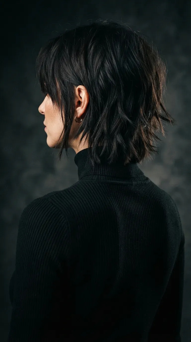 Woman with a messy bob featuring dramatic choppy V-shaped layers at the back