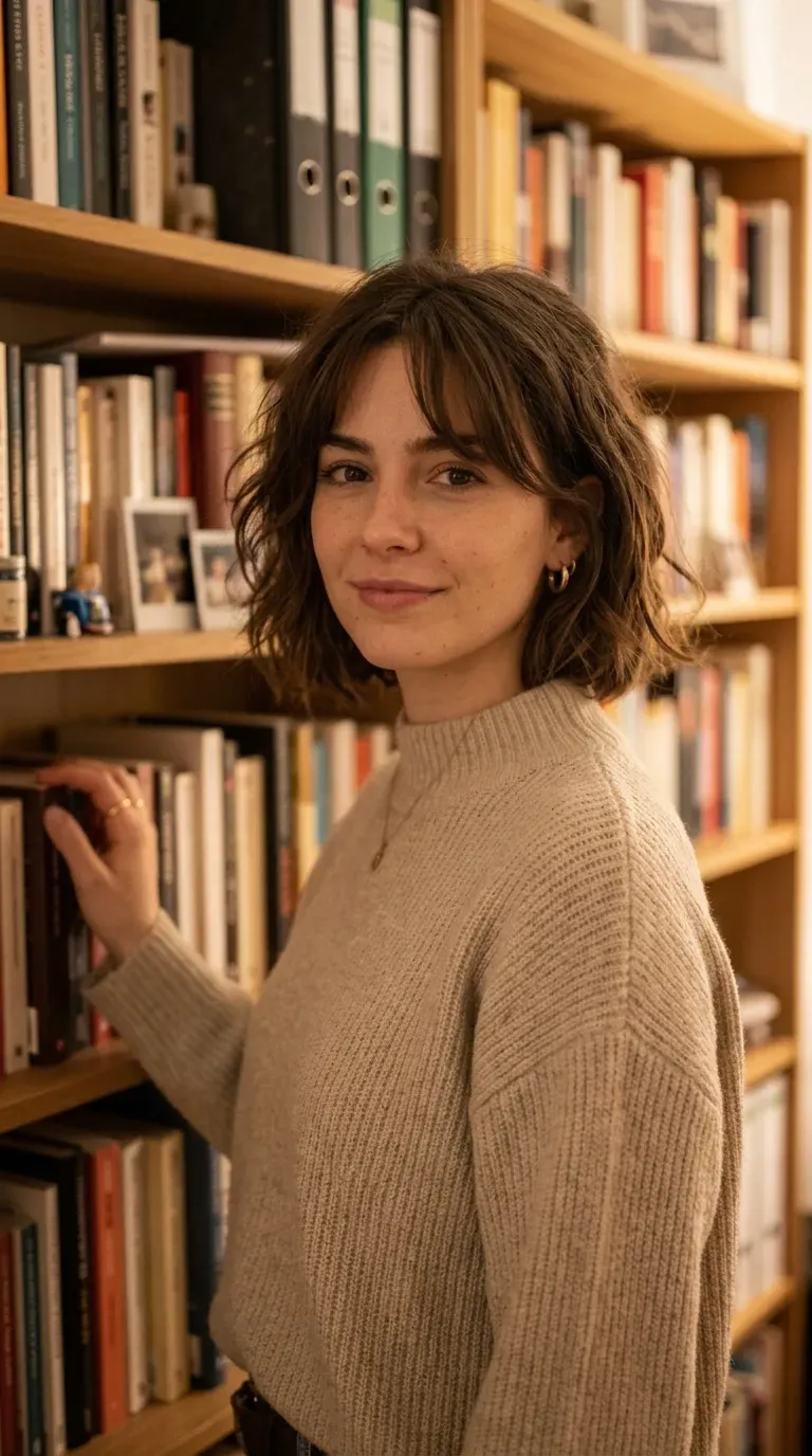 Woman with a messy bob and soft curtain bangs parted at the center