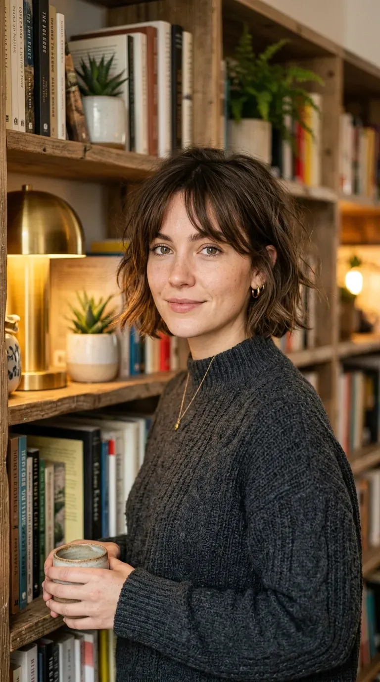 Woman with a messy bob and soft curtain bangs parted at the center