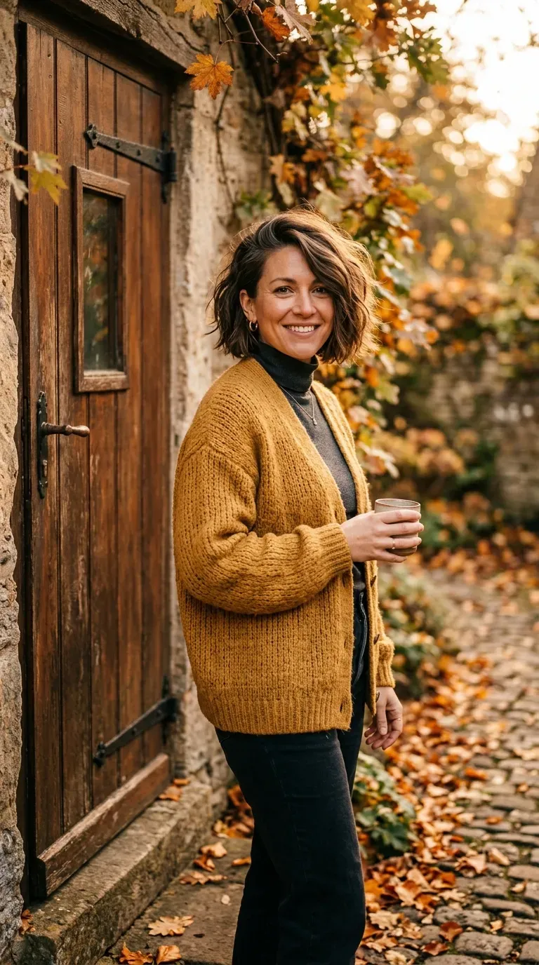 Woman with a messy bob styled with a dramatic deep side part