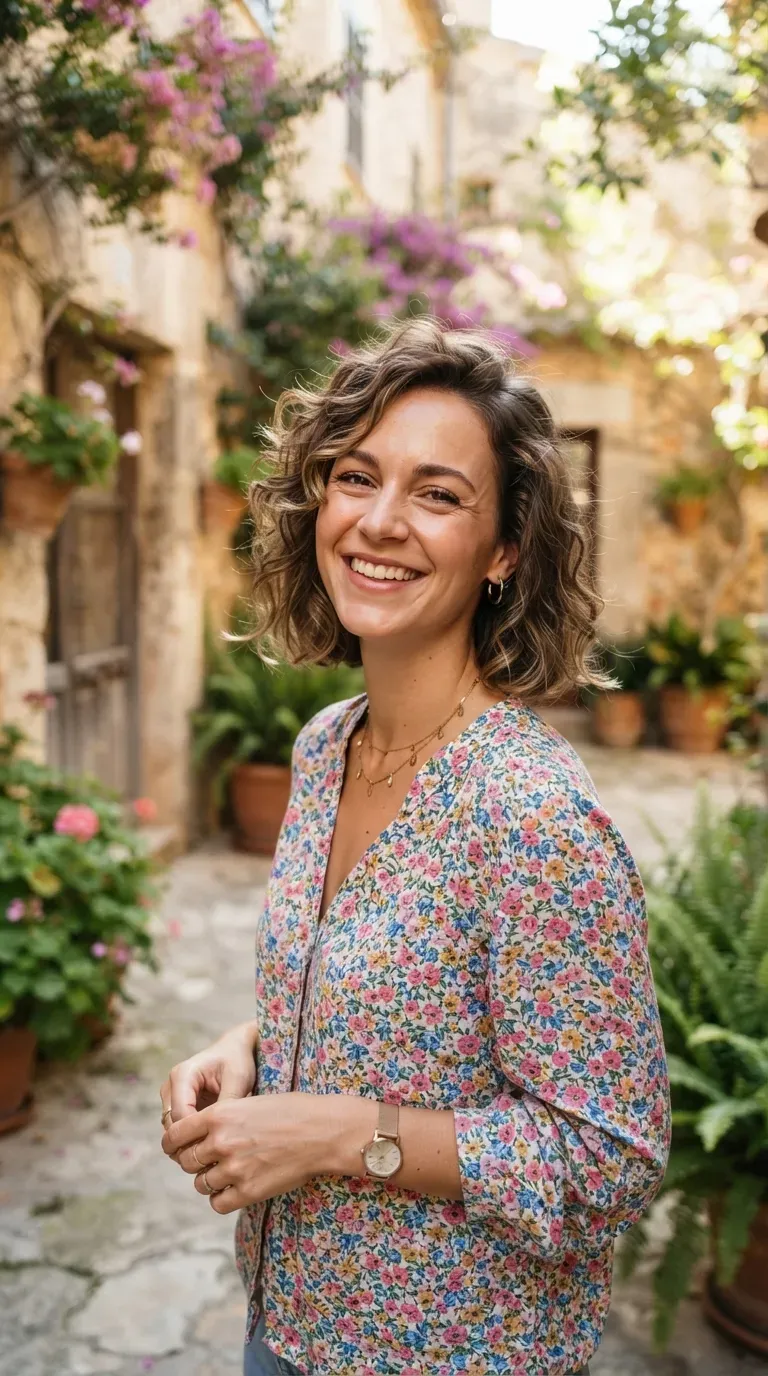 Woman with a messy bob featuring soft curled face-framing pieces