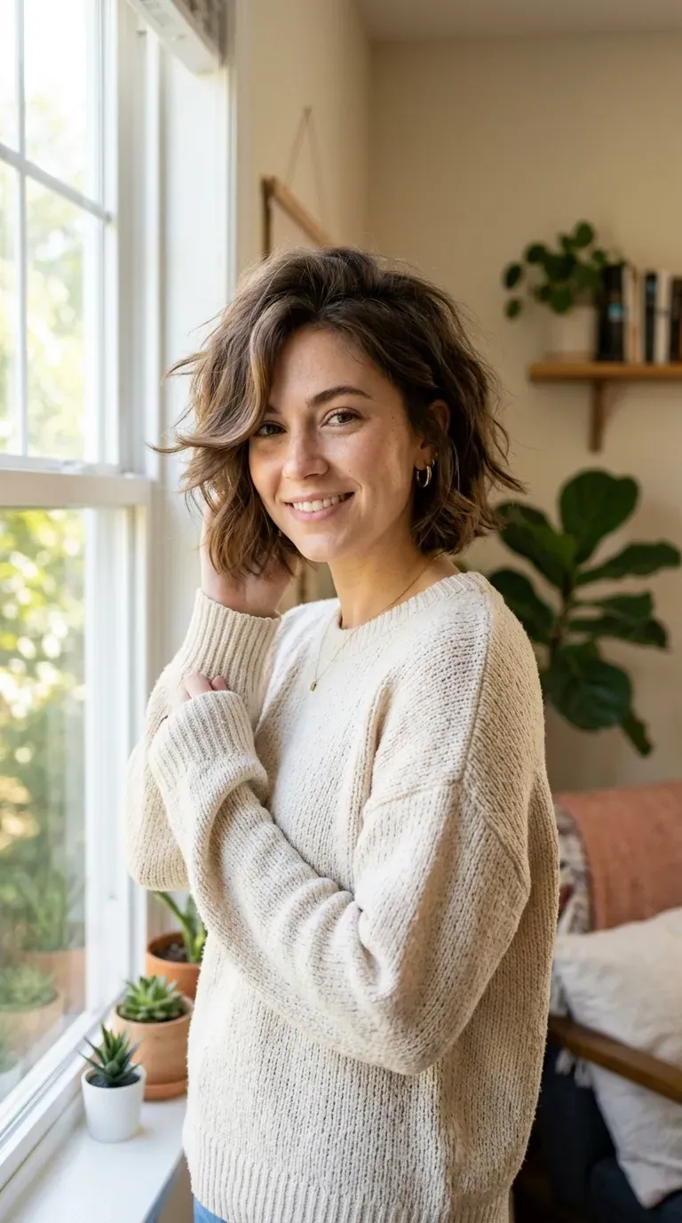 Woman with a messy bob featuring soft face-framing layers