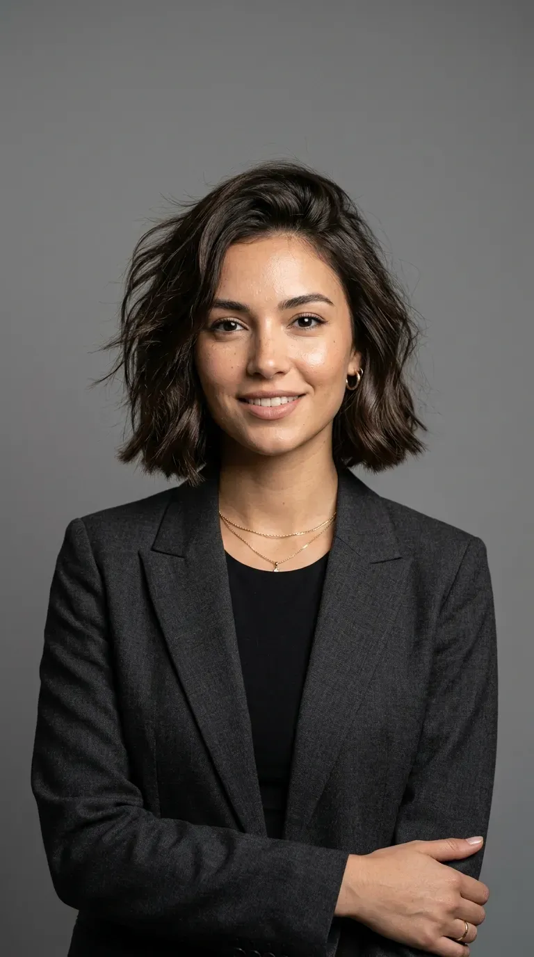 Woman with a messy bob styled with a smooth glossy finish on the ends