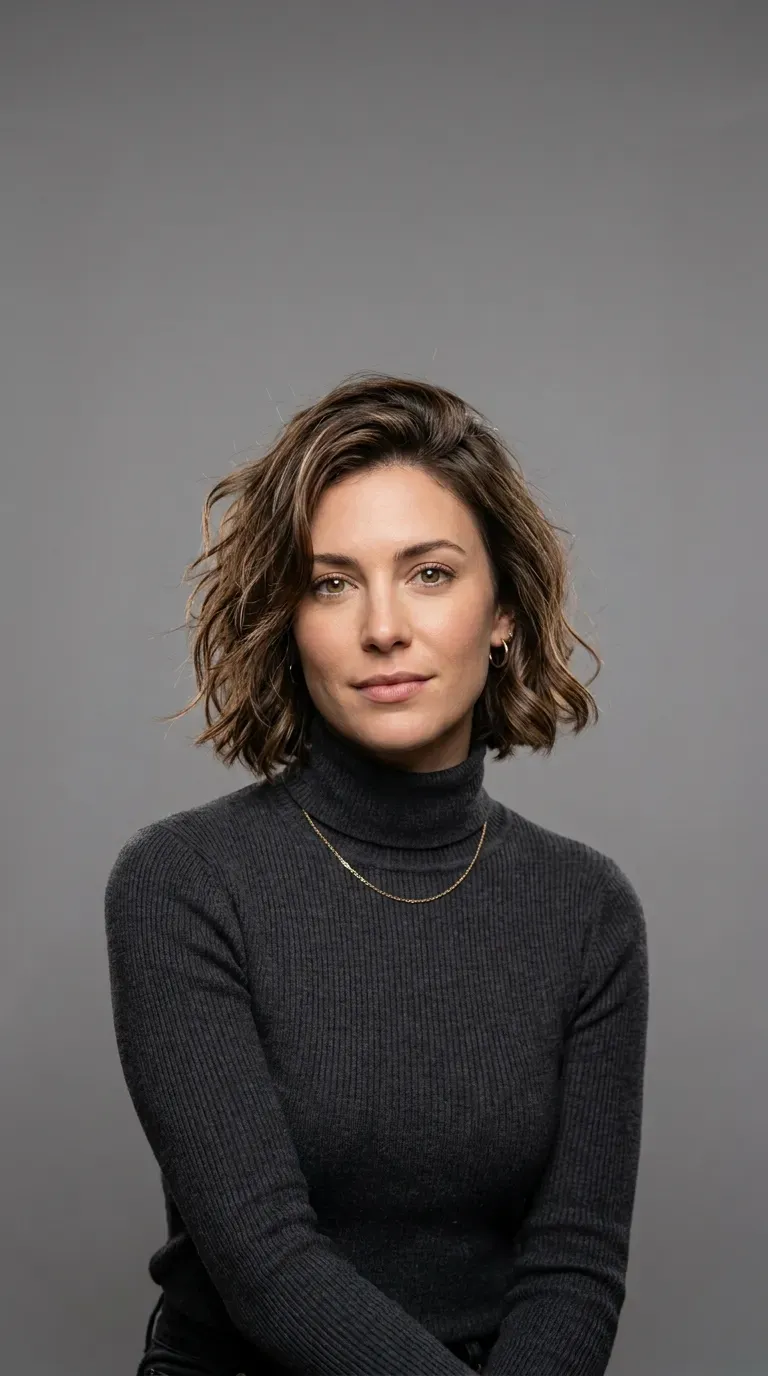 Woman with a messy bob styled with a smooth glossy finish on the ends