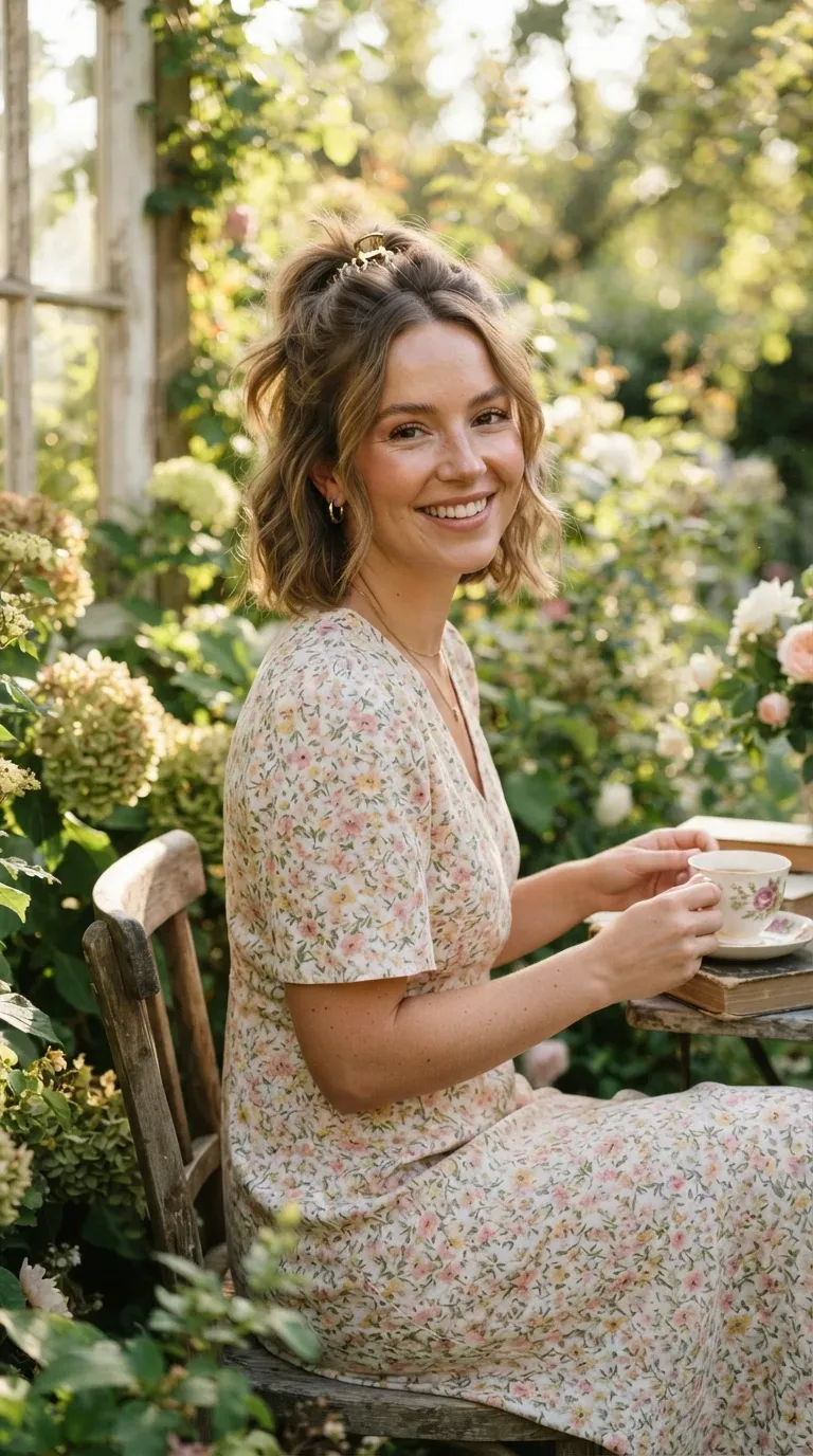 Woman with a half-up twisted messy bob hairstyle secured with a small clip