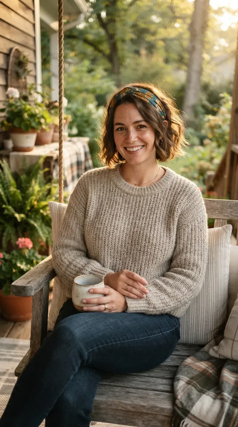 Woman with a messy bob styled with a fabric headband pushing hair back