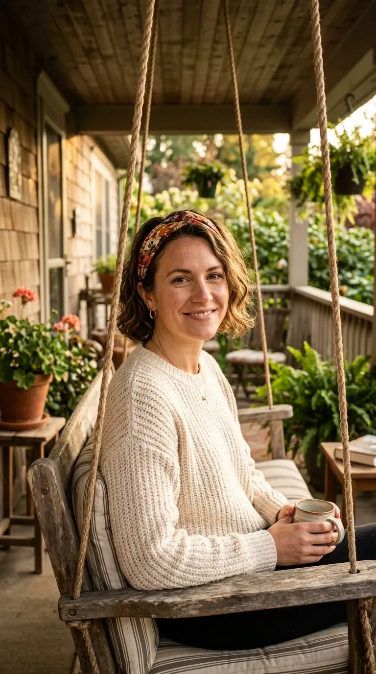 Woman with a messy bob styled with a fabric headband pushing hair back