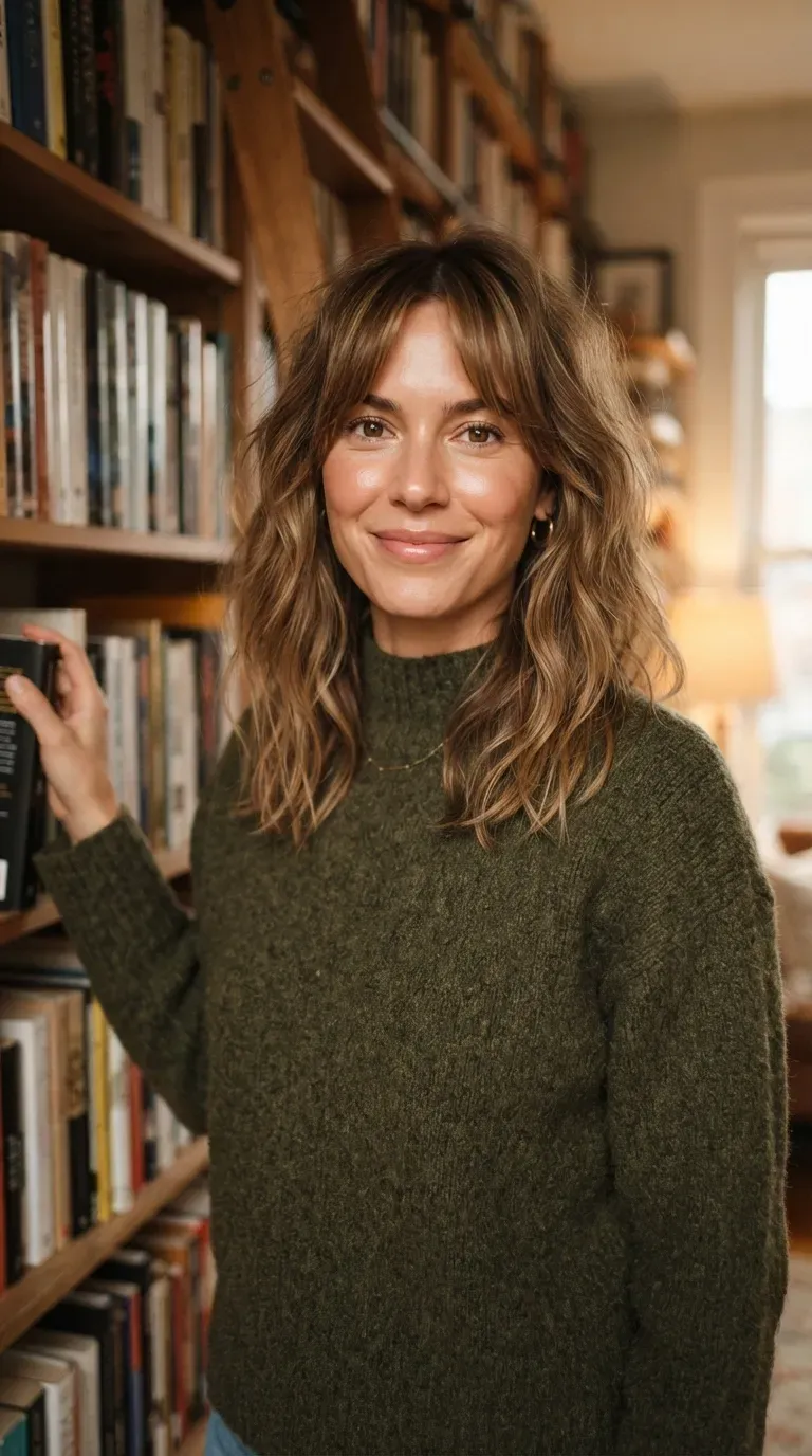 Woman with a messy bob and long curtain bangs parted at the center