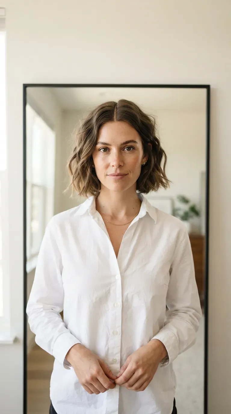 Woman with a messy bob featuring slightly longer layers left through the length