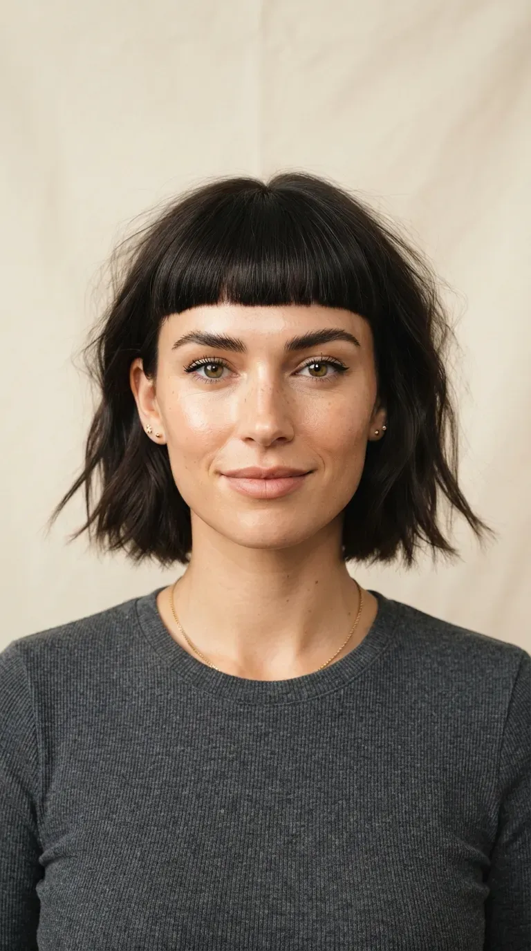 Woman with a loose chignon gathered from a messy bob with choppy face-framing pieces