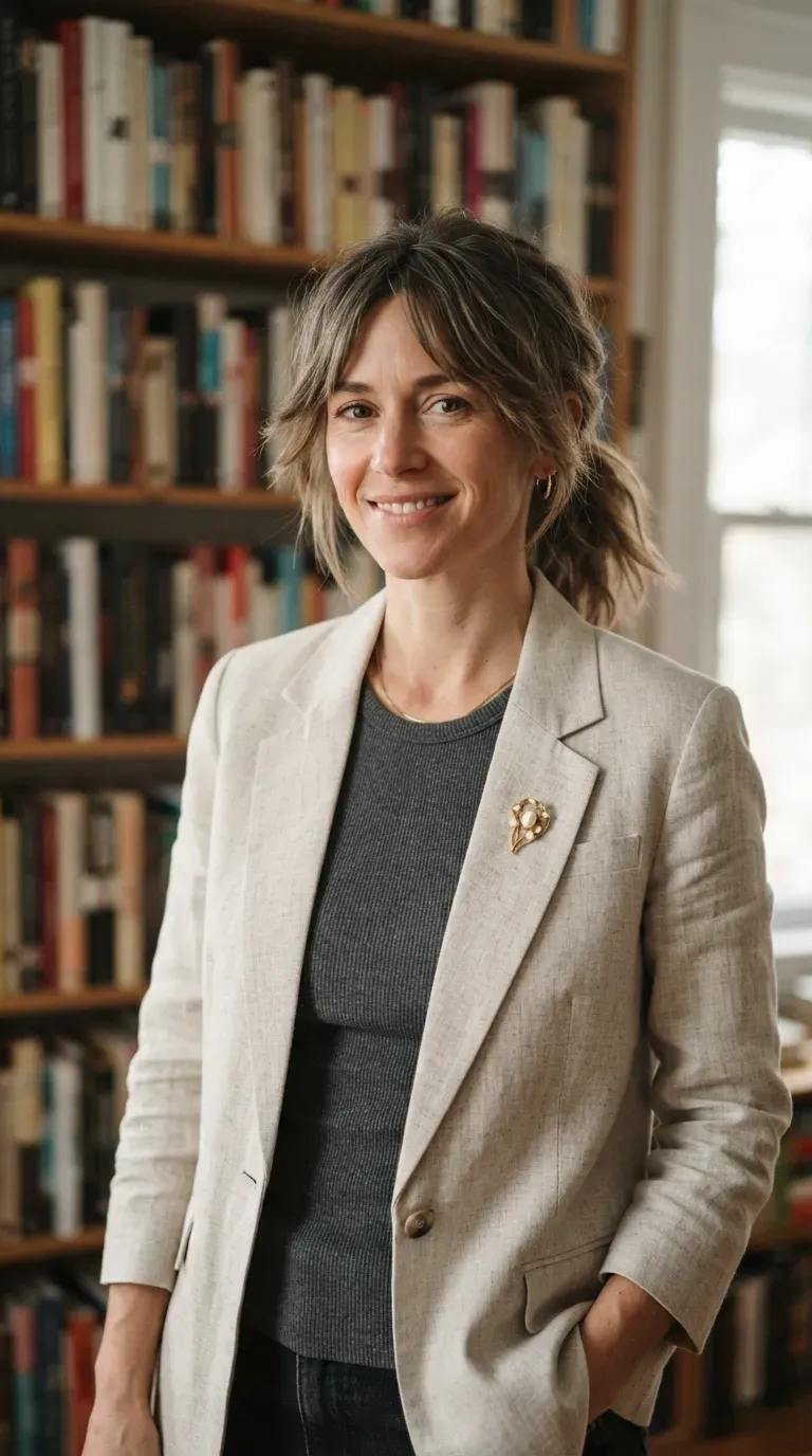 Woman with a low ponytail styled from a messy bob with choppy face-framing pieces