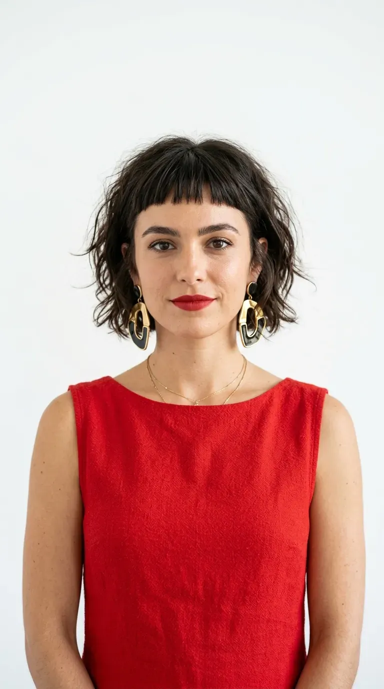 Woman with a messy bob and short micro bangs above the eyebrows