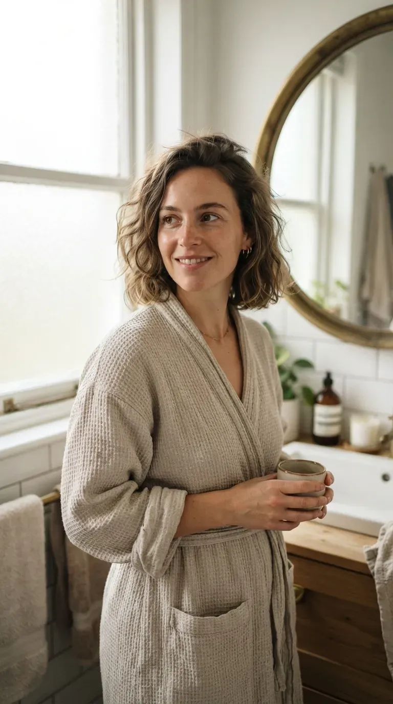Woman with a messy bob left to air-dry for an easy relaxed finish