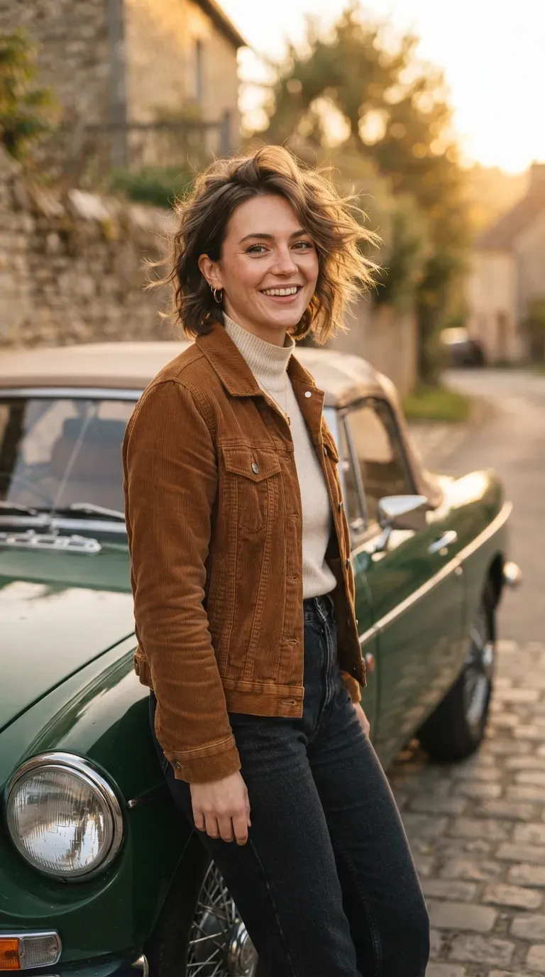 Woman with a messy bob featuring especially piecey, separated texture at the crown