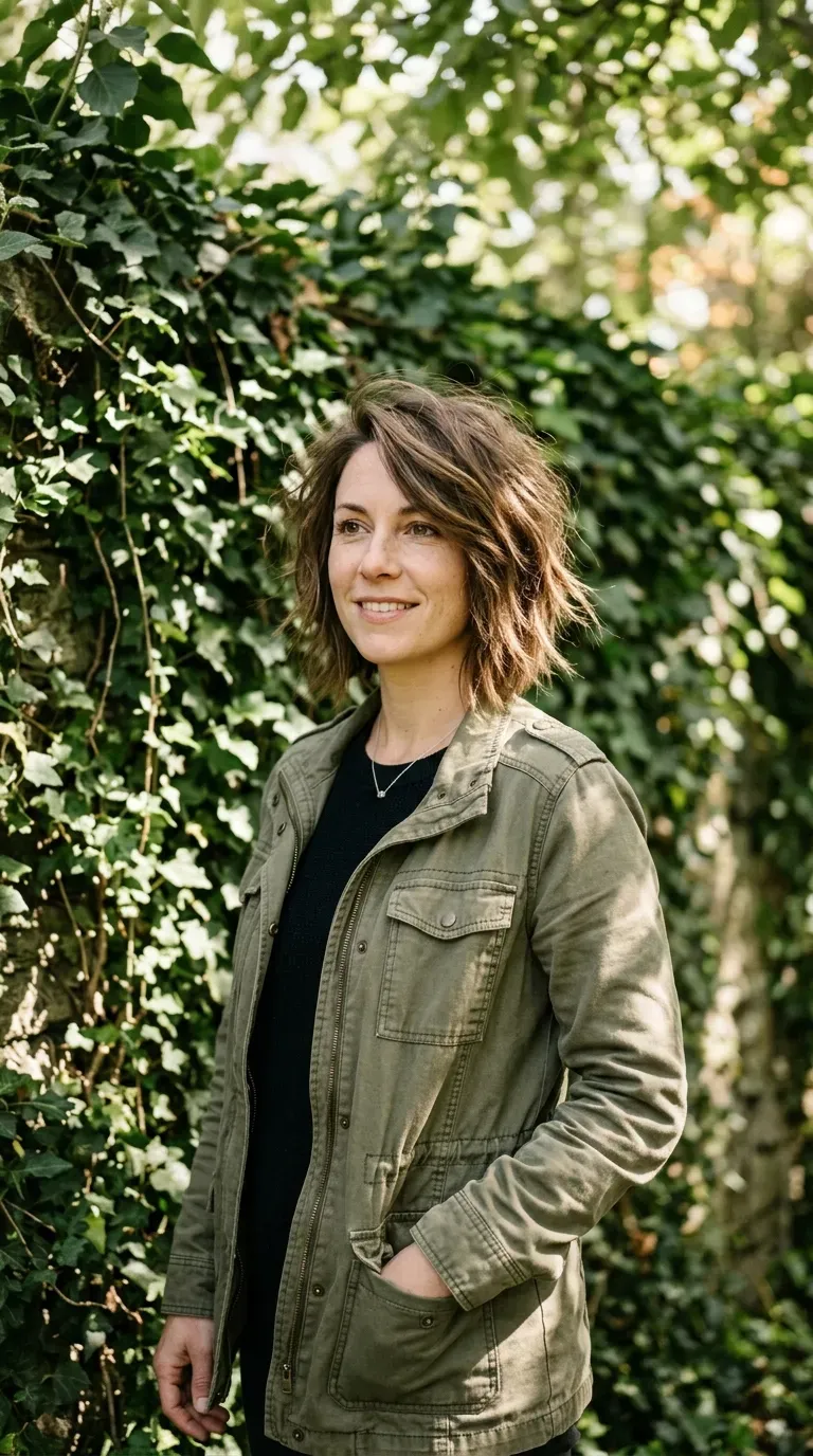 Woman with a messy bob featuring soft razor-cut ends for added texture