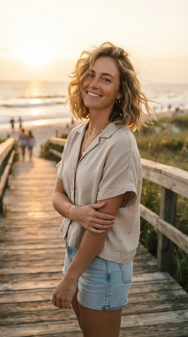 Woman with a messy bob styled with a sea-salt spray texture